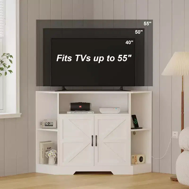 Mobile TV ad angolo per TV fino a 55 pollici, Centro di intrattenimento in stile rustico moderno, Mobile TV in legno con console multimediale e armadietti a ripiani per soggiorno