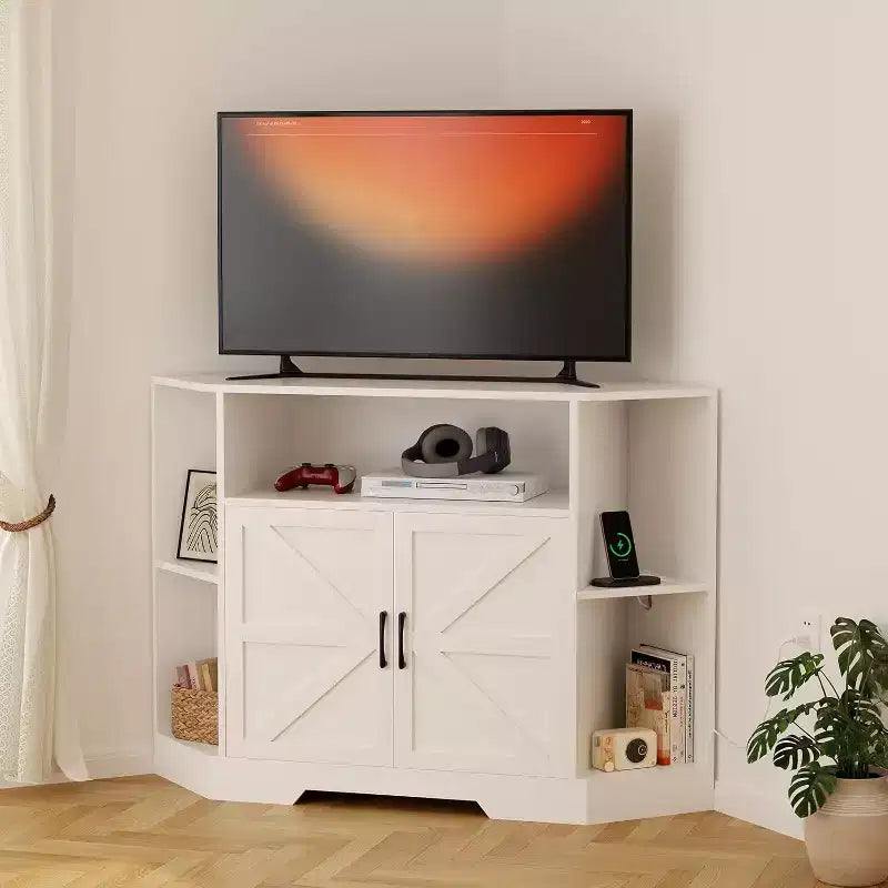Mobile TV ad angolo per TV fino a 55 pollici, Centro di intrattenimento in stile rustico moderno, Mobile TV in legno con console multimediale e armadietti a ripiani per soggiorno