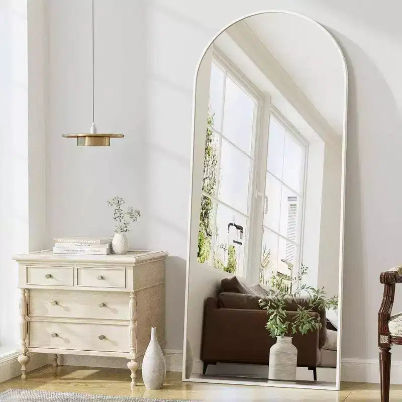 Specchio ad arco bianco 71x26 con supporto e cornice in alluminio. Design a figura intera per camera da letto o soggiorno