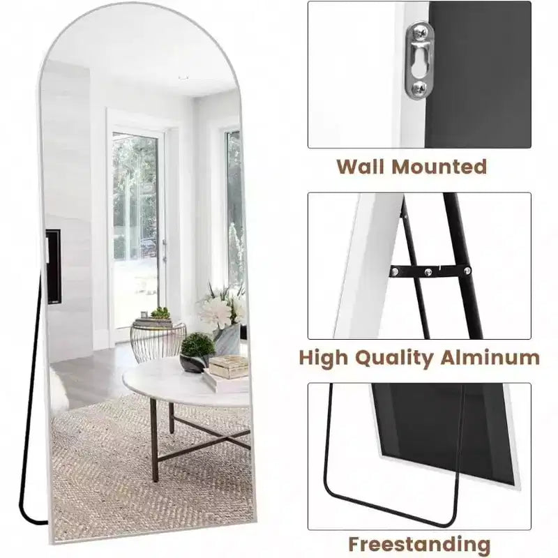 Specchio ad arco bianco 71x26 con supporto e cornice in alluminio. Design a figura intera per camera da letto o soggiorno
