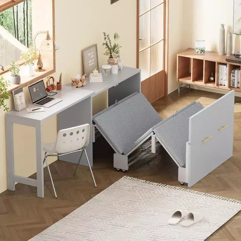 Letto a cassettiere a una piazza con scrivania, cuscino pieghevole, scrivania regolabile, letto a armadio per camera degli ospiti, piccoli spazi, senza rete a molle