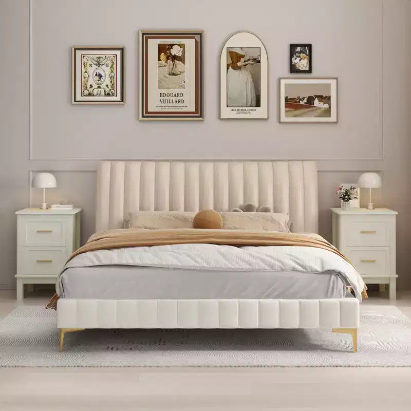 Comodino moderno con 2 cassetti, Tavolino laterale per divano, Tavolino d'appoggio, Bianco crema