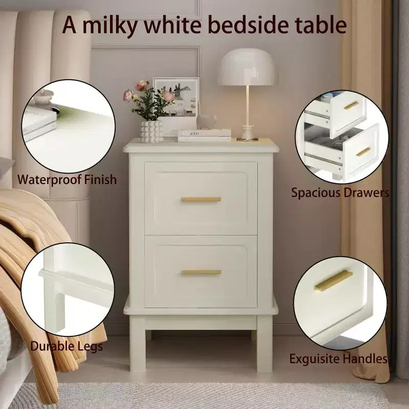 Comodino moderno con 2 cassetti, Tavolino laterale per divano, Tavolino d'appoggio, Bianco crema