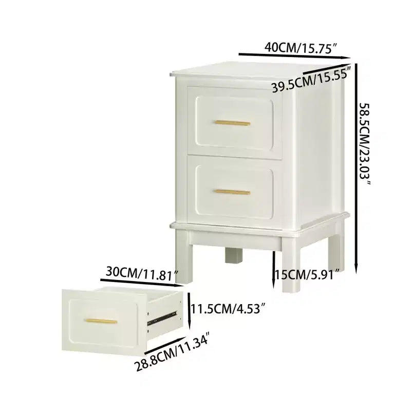 Comodino moderno con 2 cassetti, Tavolino laterale per divano, Tavolino d'appoggio, Bianco crema