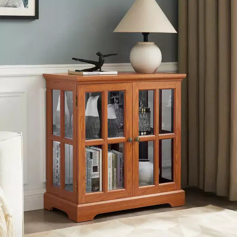 Vetrina antica con ripiani regolabili, vetrinetta di qualità dal design retrò con ante a griglia, elegante libreria e mobile contenitore per l'arredamento della casa