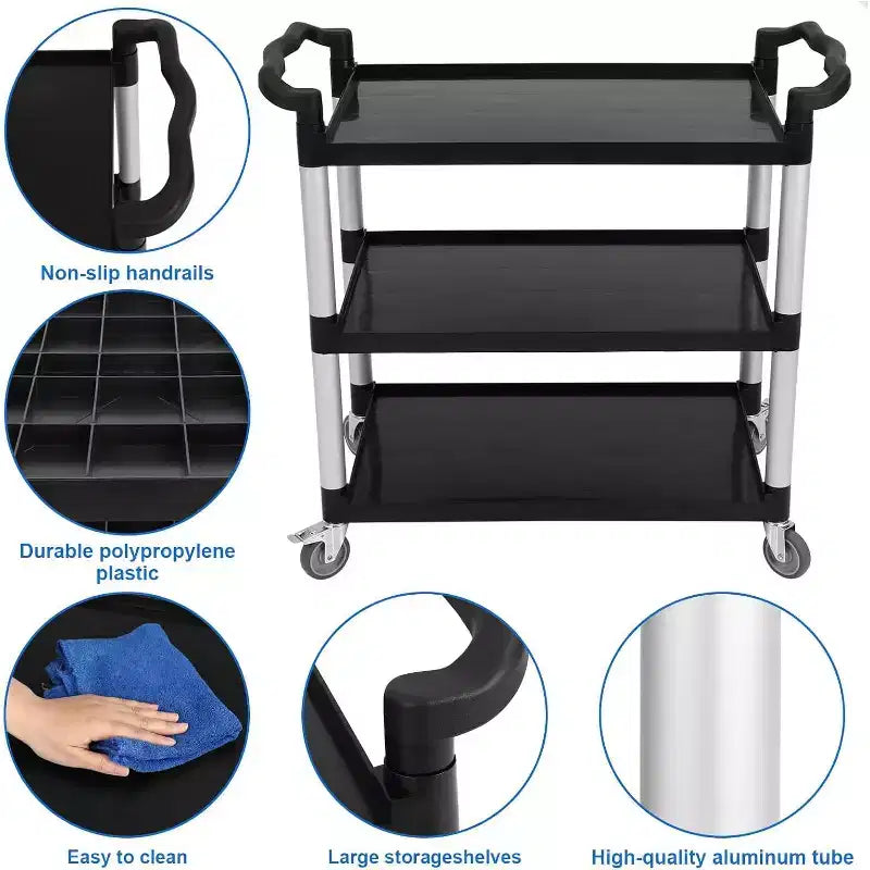 Carrello di servizio resistente con capacità di 163 kg e ruote bloccabili, carrello di utilità commerciale a 3 ripiani per cucine di ristoranti e pulizie di hotel