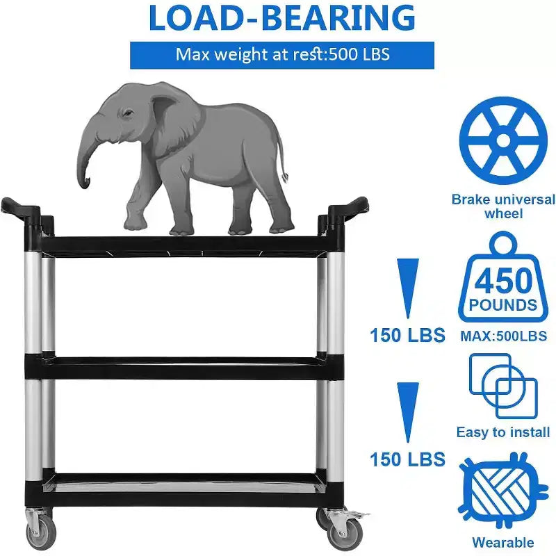 Carrello di servizio resistente con capacità di 163 kg e ruote bloccabili, carrello di utilità commerciale a 3 ripiani per cucine di ristoranti e pulizie di hotel