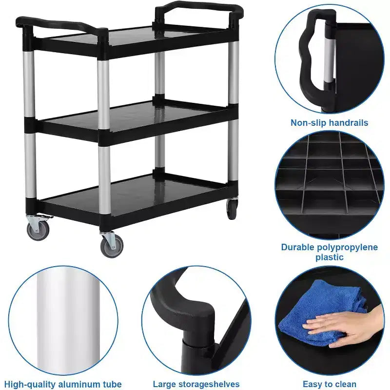 Carrello di servizio resistente con capacità di 163 kg e ruote bloccabili, carrello di utilità commerciale a 3 ripiani per cucine di ristoranti e pulizie di hotel