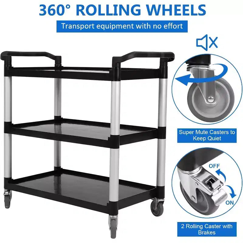 Carrello di servizio resistente con capacità di 163 kg e ruote bloccabili, carrello di utilità commerciale a 3 ripiani per cucine di ristoranti e pulizie di hotel