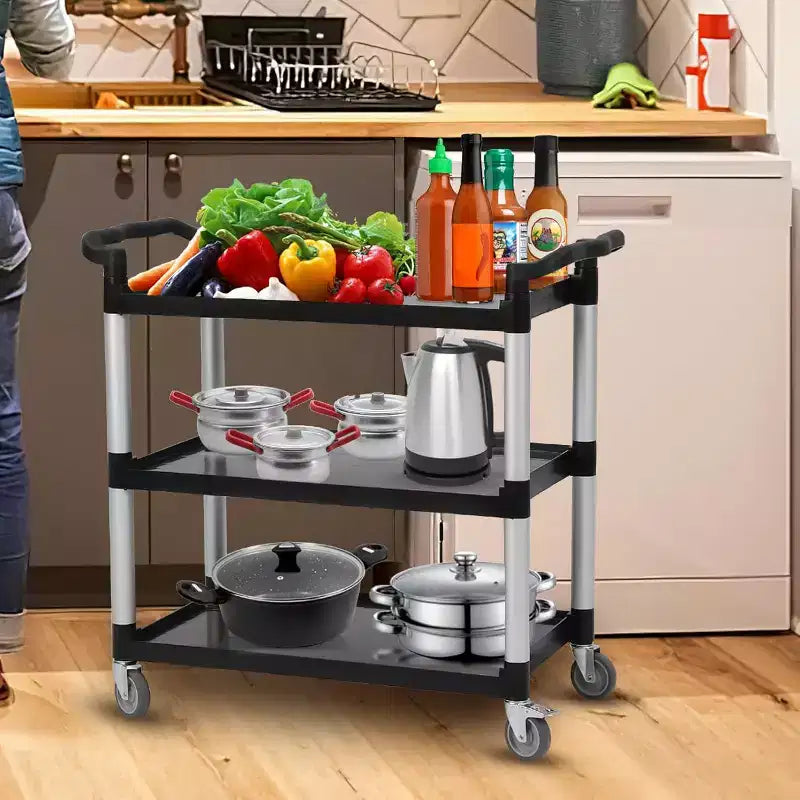 Carrello di servizio resistente con capacità di 163 kg e ruote bloccabili, carrello di utilità commerciale a 3 ripiani per cucine di ristoranti e pulizie di hotel
