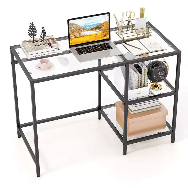 Scrivania per computer con scaffali, scrivania da ufficio 42'' con telaio in metallo per soggiorno Nero/Oro