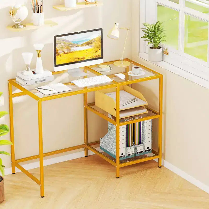 Scrivania per computer con scaffali, scrivania da ufficio 42'' con telaio in metallo per soggiorno Nero/Oro