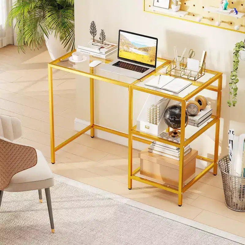 Scrivania per computer con scaffali, scrivania da ufficio 42'' con telaio in metallo per soggiorno Nero/Oro