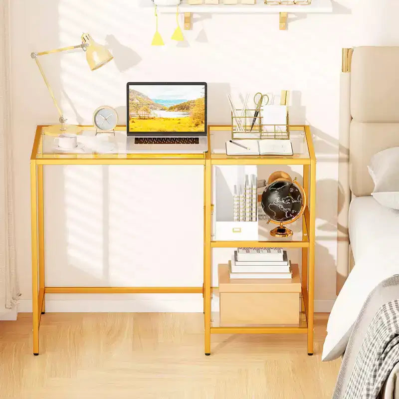 Scrivania per computer con scaffali, scrivania da ufficio 42'' con telaio in metallo per soggiorno Nero/Oro