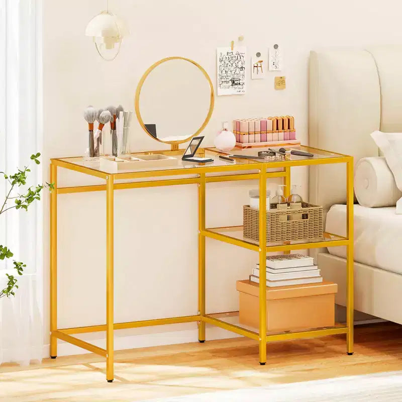 Scrivania per computer con scaffali, scrivania da ufficio 42'' con telaio in metallo per soggiorno Nero/Oro