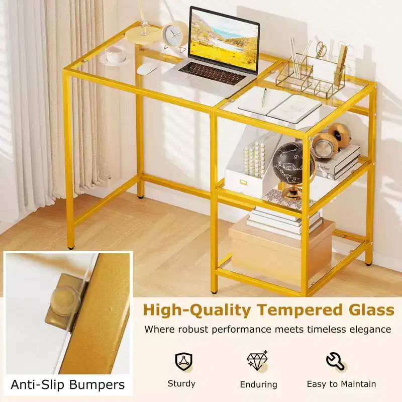 Scrivania per computer con scaffali, scrivania da ufficio 42'' con telaio in metallo per soggiorno Nero/Oro