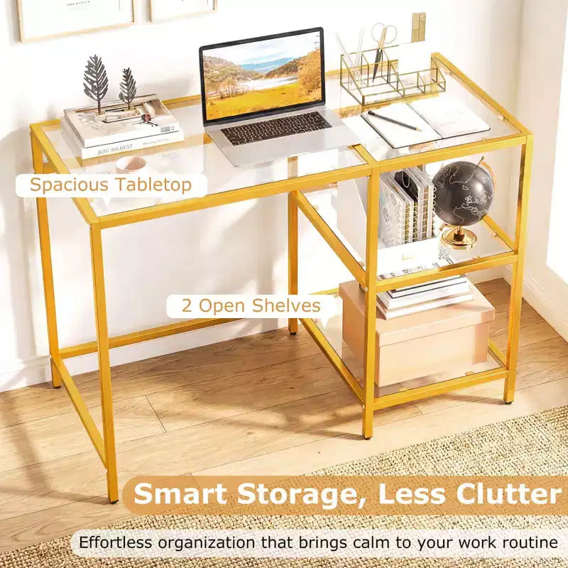 Scrivania per computer con scaffali, scrivania da ufficio 42'' con telaio in metallo per soggiorno Nero/Oro