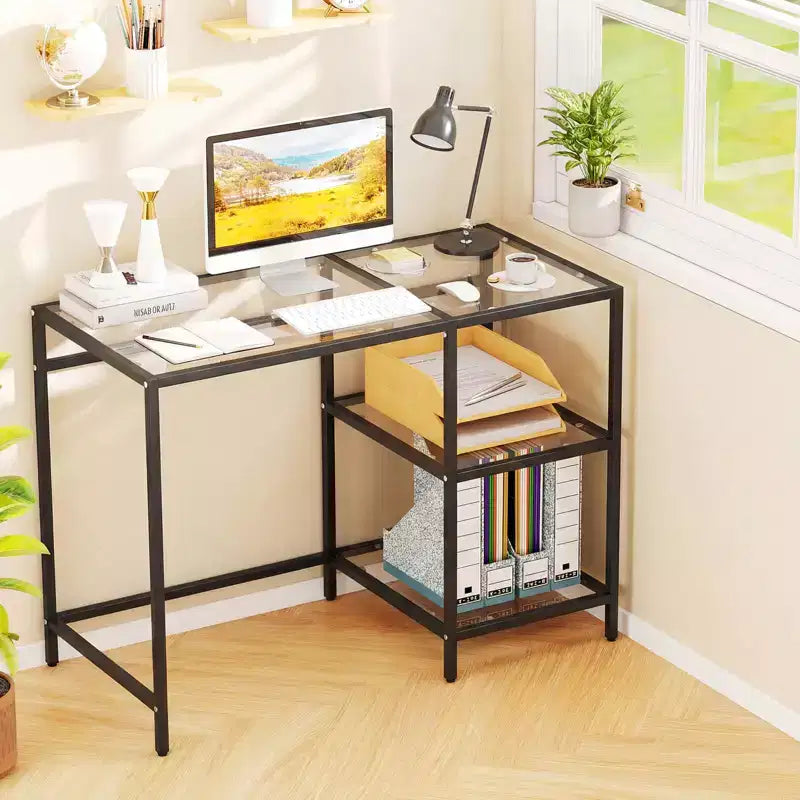 Scrivania per computer con scaffali, scrivania da ufficio 42'' con telaio in metallo per soggiorno Nero/Oro