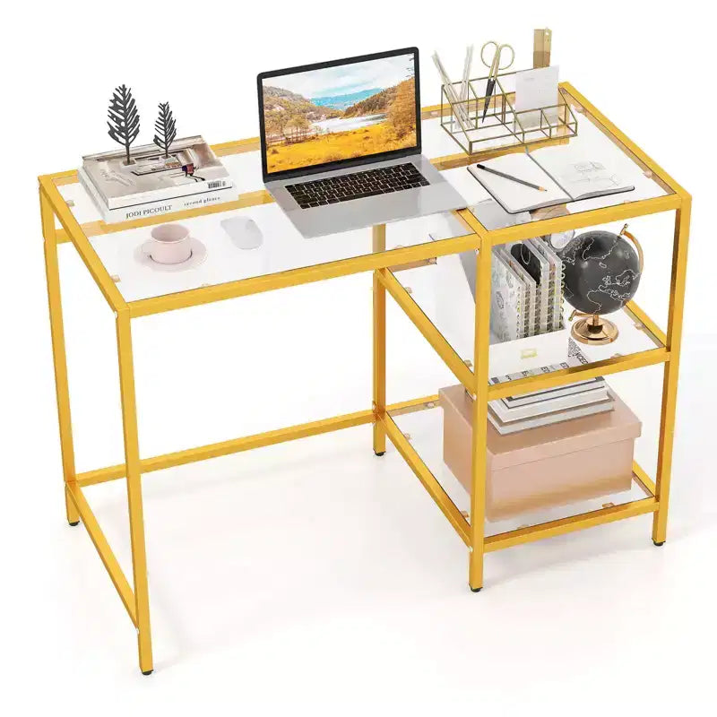 Scrivania per computer con scaffali, scrivania da ufficio 42'' con telaio in metallo per soggiorno Nero/Oro