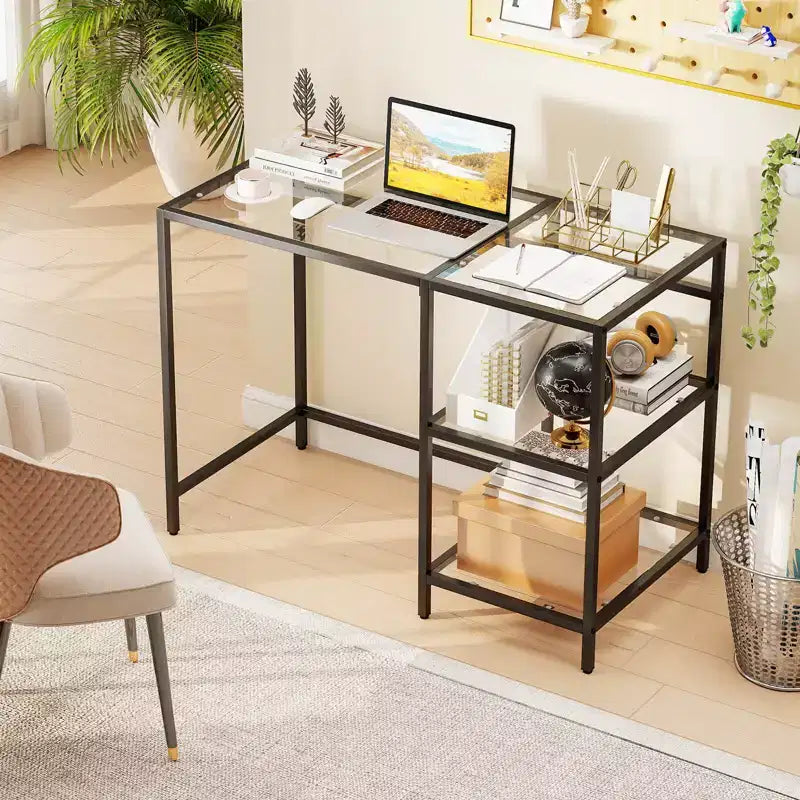 Scrivania per computer con scaffali, scrivania da ufficio 42'' con telaio in metallo per soggiorno Nero/Oro