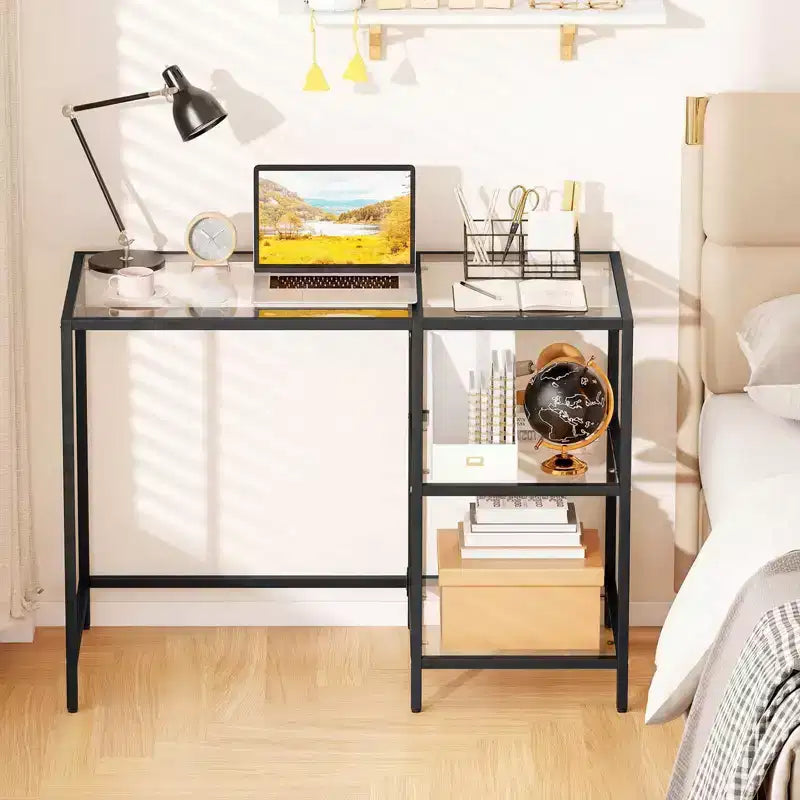 Scrivania per computer con scaffali, scrivania da ufficio 42'' con telaio in metallo per soggiorno Nero/Oro