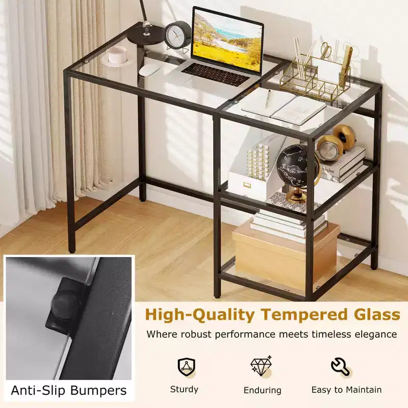 Scrivania per computer con scaffali, scrivania da ufficio 42'' con telaio in metallo per soggiorno Nero/Oro