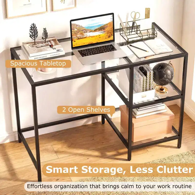 Scrivania per computer con scaffali, scrivania da ufficio 42'' con telaio in metallo per soggiorno Nero/Oro
