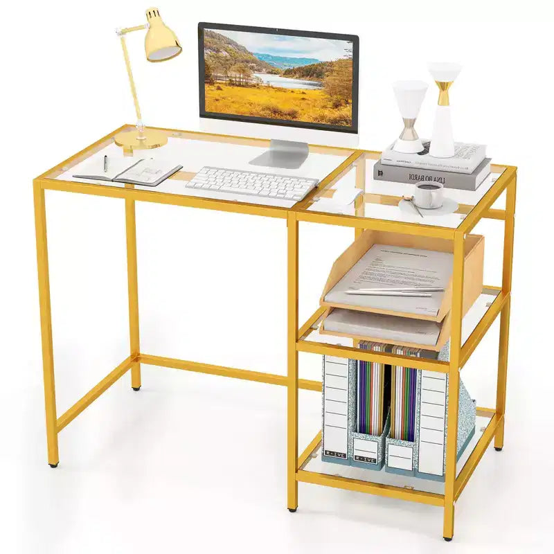 Scrivania per computer con scaffali, scrivania da ufficio 42'' con telaio in metallo per soggiorno Nero/Oro