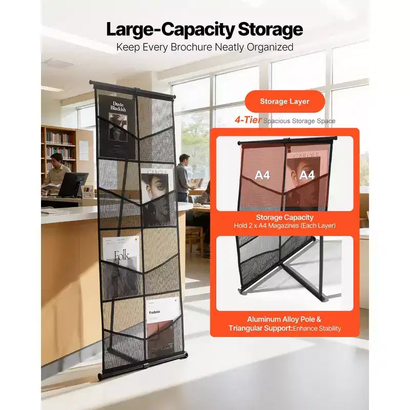 Espositore per Brochure, Porta Documenti a Rete a 4 Livelli e 8 Tasche, Espositore da Terra per Riviste Giornali Cataloghi, Leggero, Nero