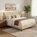 Camel Plush Upholstered Bed Frame with Soft Dual-Zone Backrest, Rounded Edges and Quiet Stable Support for Cozy Bedrooms, Queen