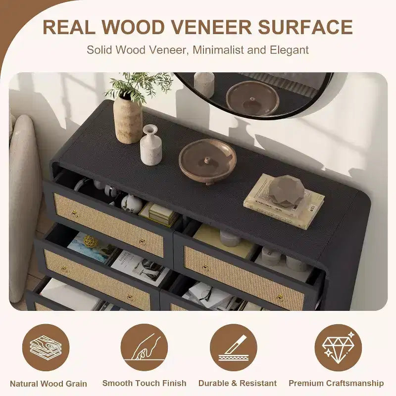 Cassettiera in rattan larga 117 cm, cassettiera a 6 cassetti, comò moderno, per camera da letto, soggiorno