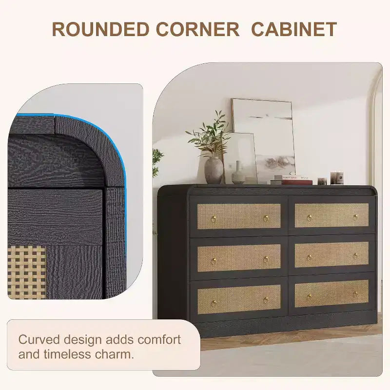 Cassettiera in rattan larga 117 cm, cassettiera a 6 cassetti, comò moderno, per camera da letto, soggiorno
