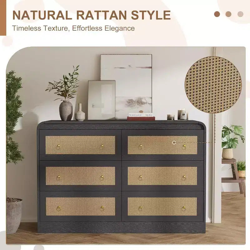 Cassettiera in rattan larga 117 cm, cassettiera a 6 cassetti, comò moderno, per camera da letto, soggiorno