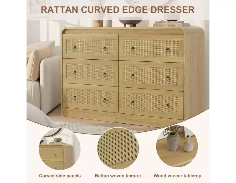 Cassettiera in rattan larga 117 cm, cassettiera a 6 cassetti, comò moderno, per camera da letto, soggiorno