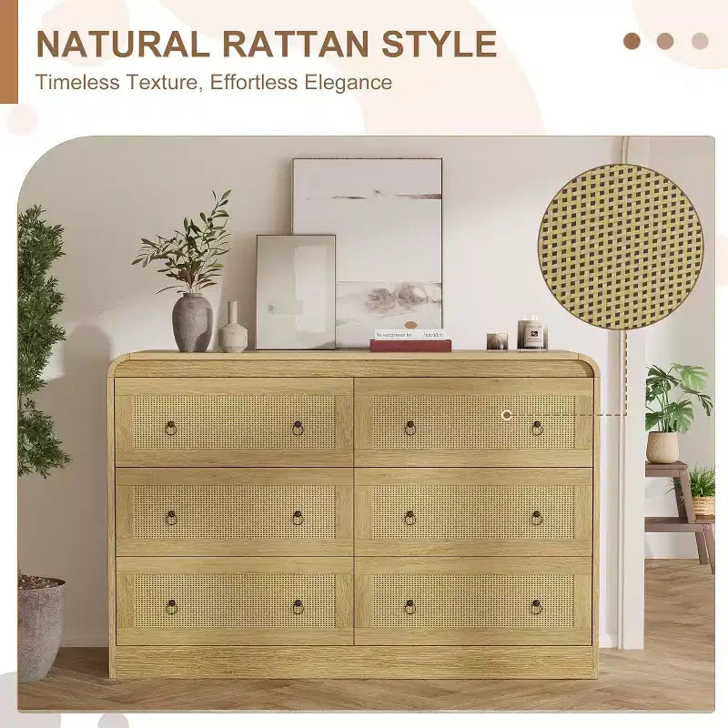 Cassettiera in rattan larga 117 cm, cassettiera a 6 cassetti, comò moderno, per camera da letto, soggiorno