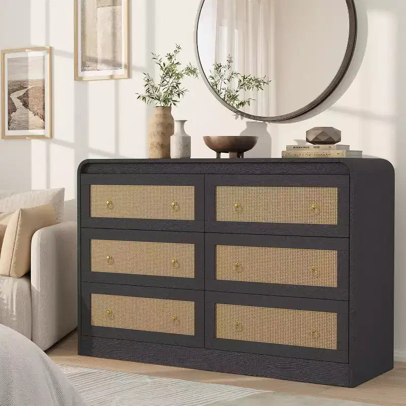Cassettiera in rattan larga 117 cm, cassettiera a 6 cassetti, comò moderno, per camera da letto, soggiorno