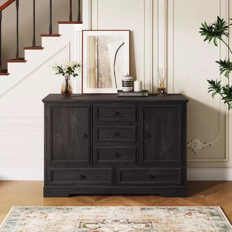 Mobile Credenza Stile Rustico con 5 Cassetti e 2 Ante, Mobile Bar in Legno, Ripiani Regolabili, per Sala da Pranzo, Soggiorno
