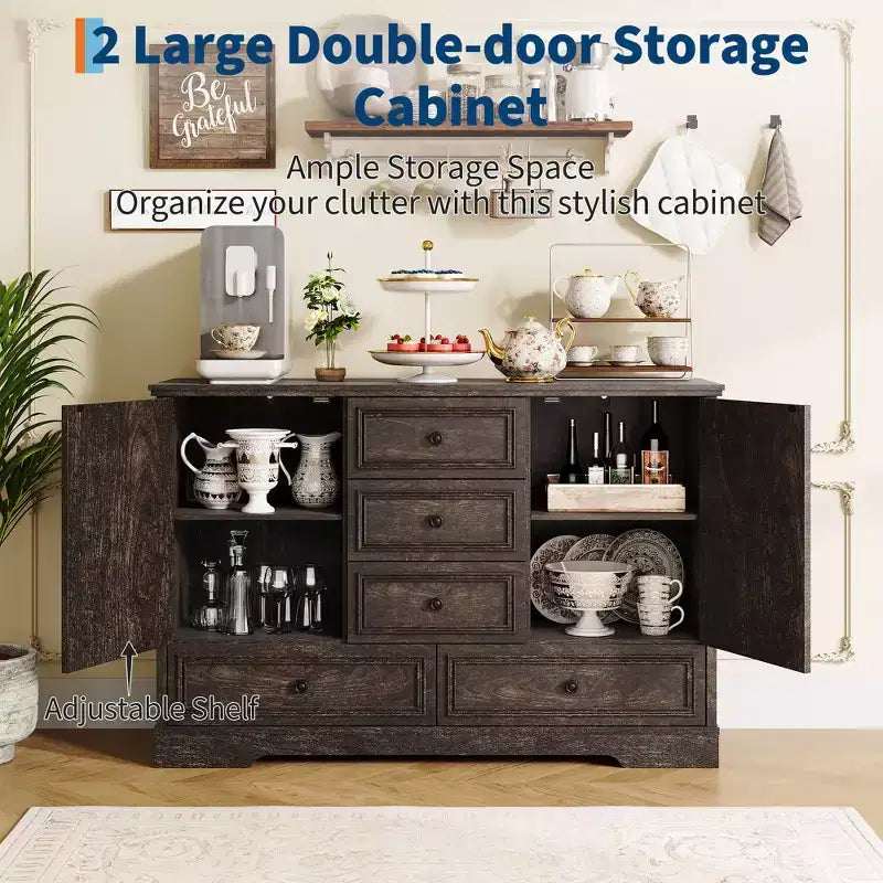 Mobile Credenza Stile Rustico con 5 Cassetti e 2 Ante, Mobile Bar in Legno, Ripiani Regolabili, per Sala da Pranzo, Soggiorno