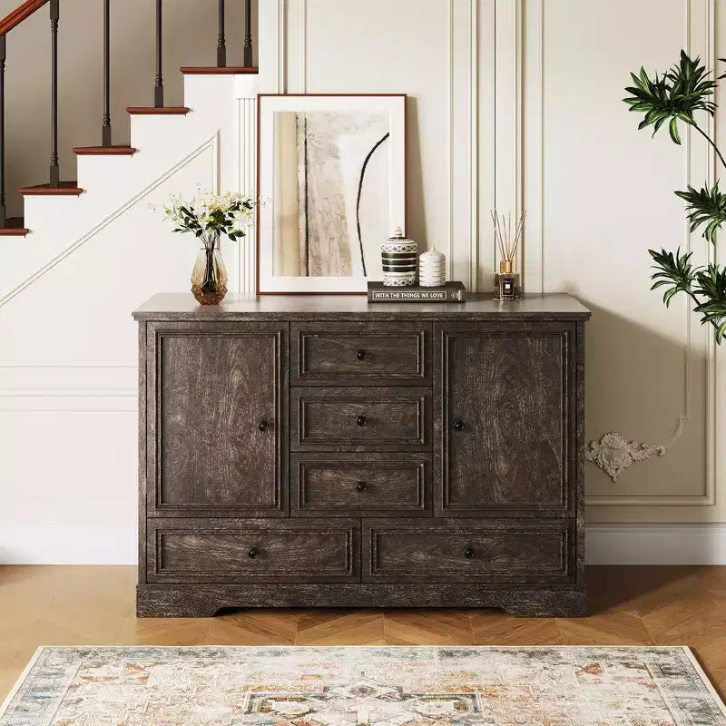 Mobile Credenza Stile Rustico con 5 Cassetti e 2 Ante, Mobile Bar in Legno, Ripiani Regolabili, per Sala da Pranzo, Soggiorno