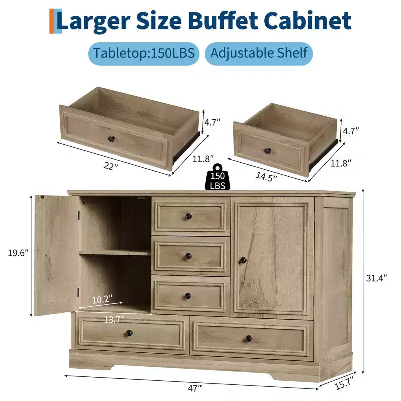 Mobile Credenza Stile Rustico con 5 Cassetti e 2 Ante, Mobile Bar in Legno, Ripiani Regolabili, per Sala da Pranzo, Soggiorno