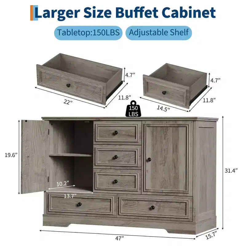 Mobile Credenza Stile Rustico con 5 Cassetti e 2 Ante, Mobile Bar in Legno, Ripiani Regolabili, per Sala da Pranzo, Soggiorno