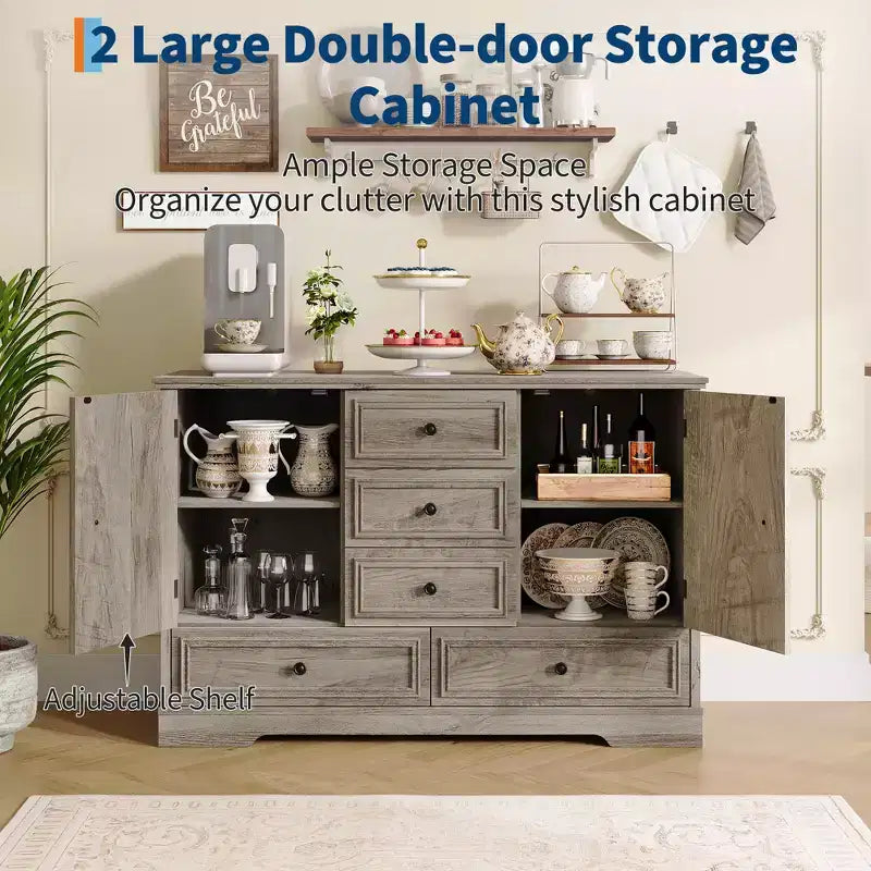 Mobile Credenza Stile Rustico con 5 Cassetti e 2 Ante, Mobile Bar in Legno, Ripiani Regolabili, per Sala da Pranzo, Soggiorno