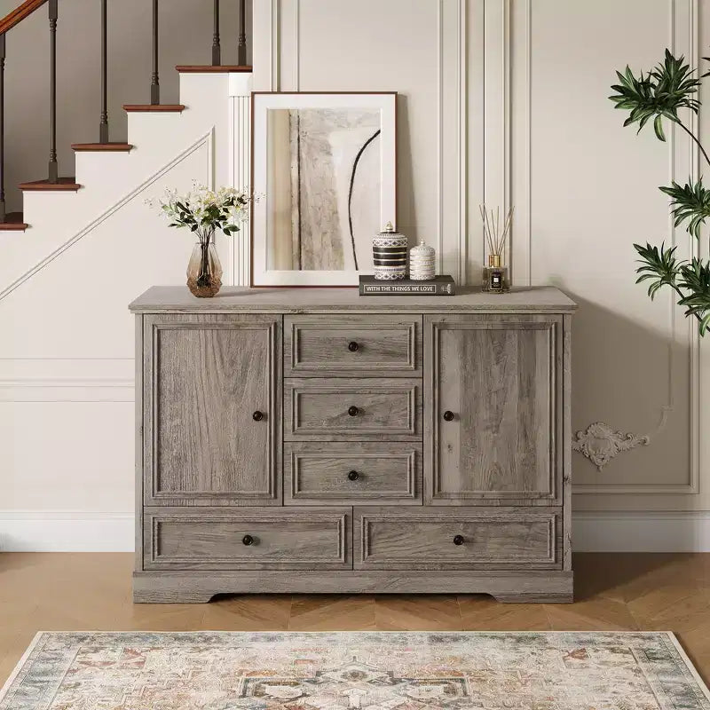 Mobile Credenza Stile Rustico con 5 Cassetti e 2 Ante, Mobile Bar in Legno, Ripiani Regolabili, per Sala da Pranzo, Soggiorno