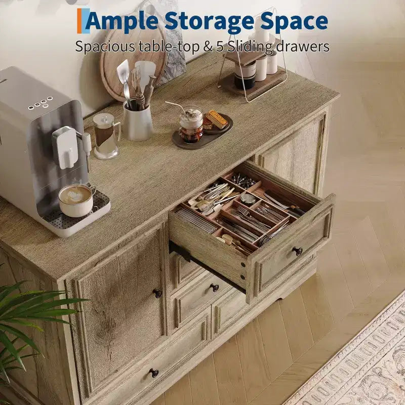 Mobile Credenza Stile Rustico con 5 Cassetti e 2 Ante, Mobile Bar in Legno, Ripiani Regolabili, per Sala da Pranzo, Soggiorno