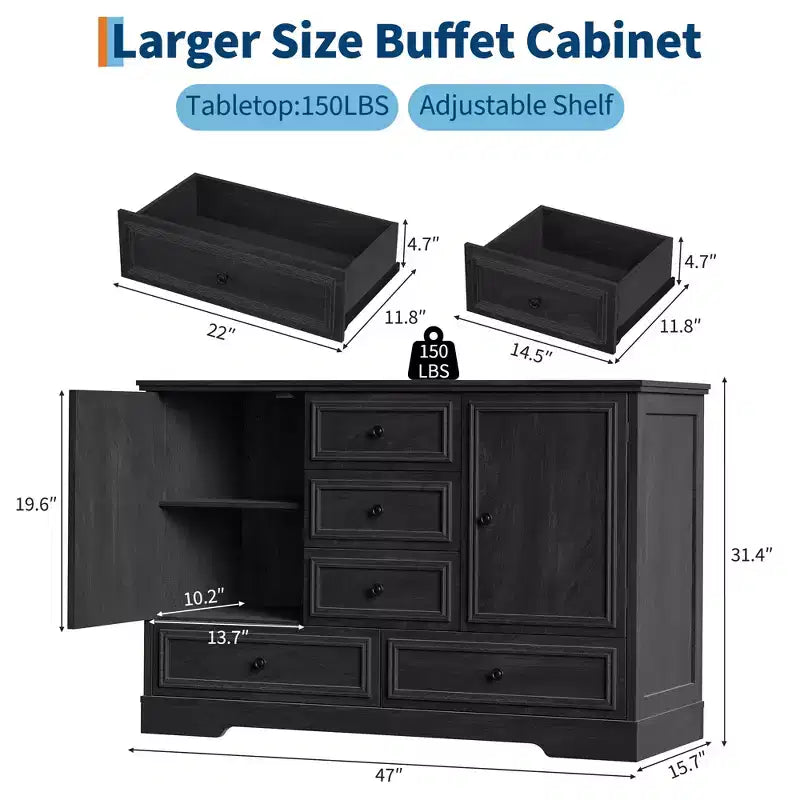 Mobile Credenza Stile Rustico con 5 Cassetti e 2 Ante, Mobile Bar in Legno, Ripiani Regolabili, per Sala da Pranzo, Soggiorno