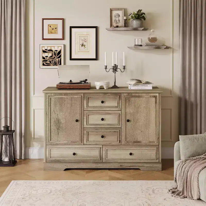 Farmhouse Sideboard Buffet Cabinet with 5 Drawers and 2 Doors, Wood Coffee Bar Cabinet, Adjustable Shelves, for Dining Room, Living Room