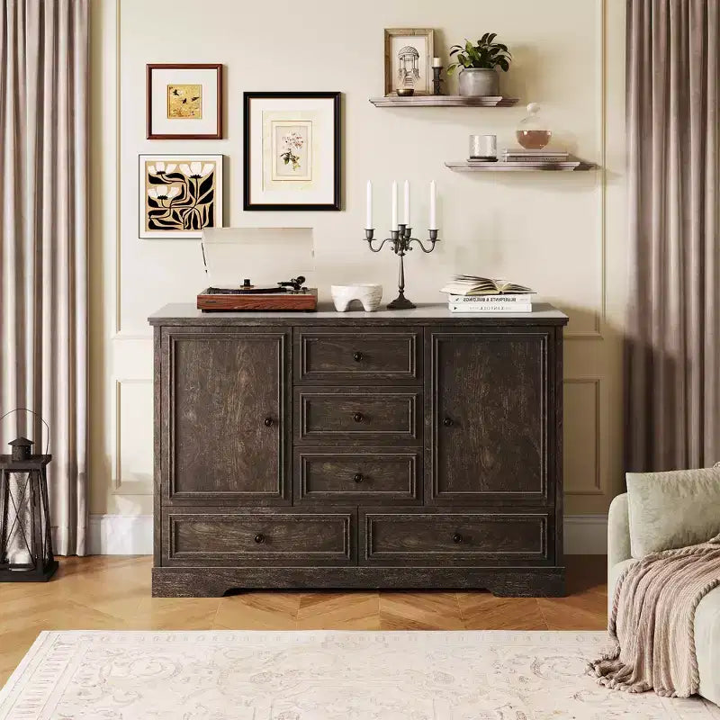 Mobile Credenza Stile Rustico con 5 Cassetti e 2 Ante, Mobile Bar in Legno, Ripiani Regolabili, per Sala da Pranzo, Soggiorno