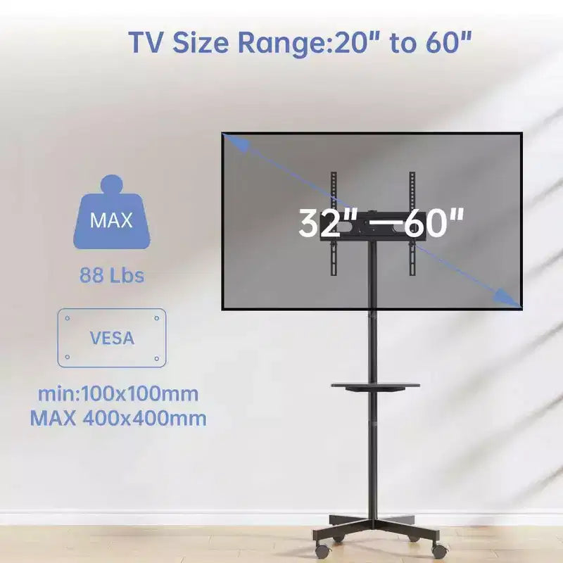 Carrello TV mobile PERLESMITH con ruote per TV LCD/LED/OLED da 32-60 pollici, ripiano regolabile in altezza, supporta fino a 40 kg, VESA massimo 400x400 mm