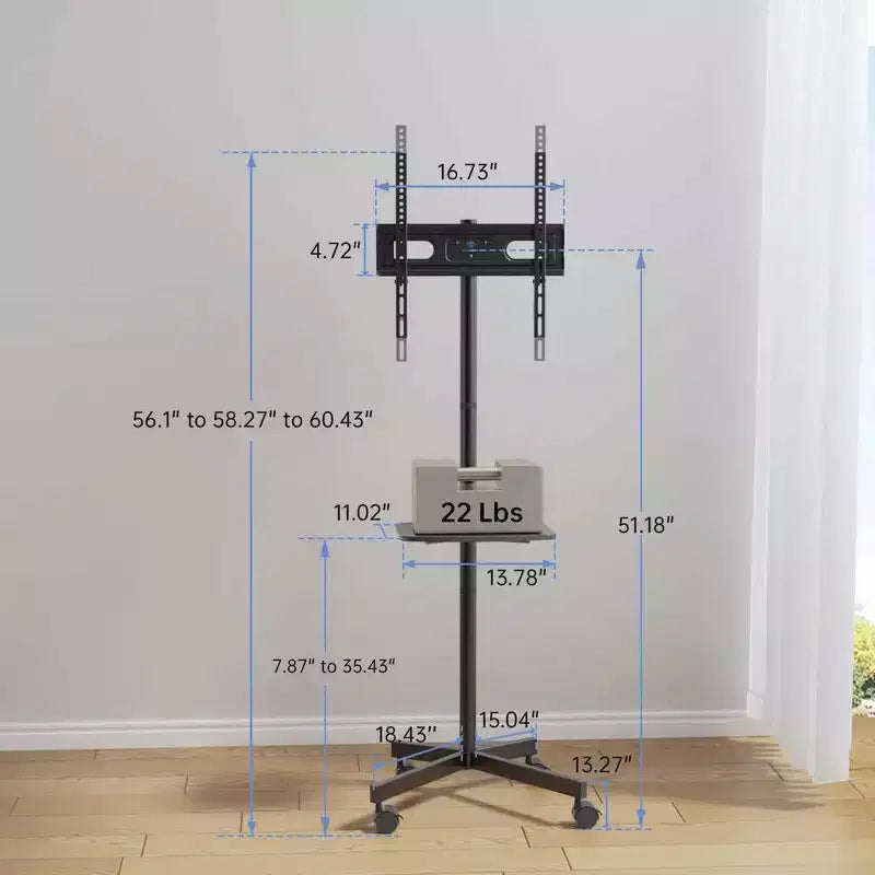 Carrello TV mobile PERLESMITH con ruote per TV LCD/LED/OLED da 32-60 pollici, ripiano regolabile in altezza, supporta fino a 40 kg, VESA massimo 400x400 mm
