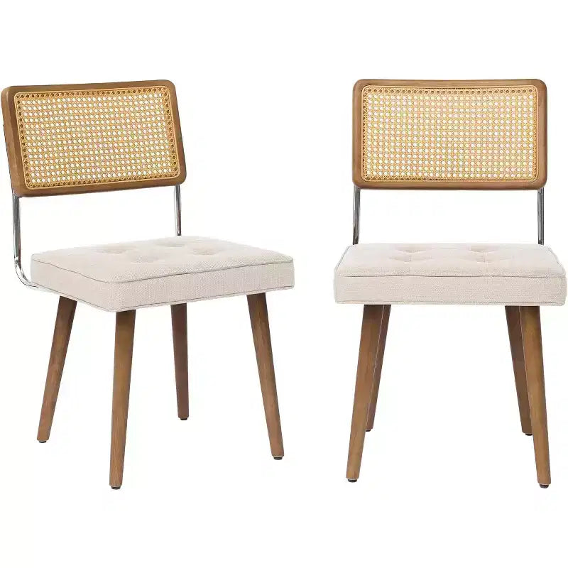 Set di 2 sedie da pranzo in rattan naturale, imbottite in lino con schienale alto in canna e gambe in legno per sala da pranzo/cucina, beige.